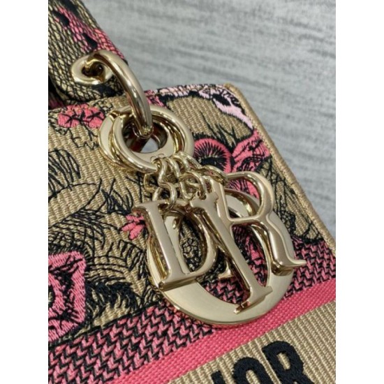 Replica perfetta Dior Dioriviera Lady D-Lite Medium Bag Raffia con ricamo Toile de Jouy Sauvage rosa Imitazione Outlet Online