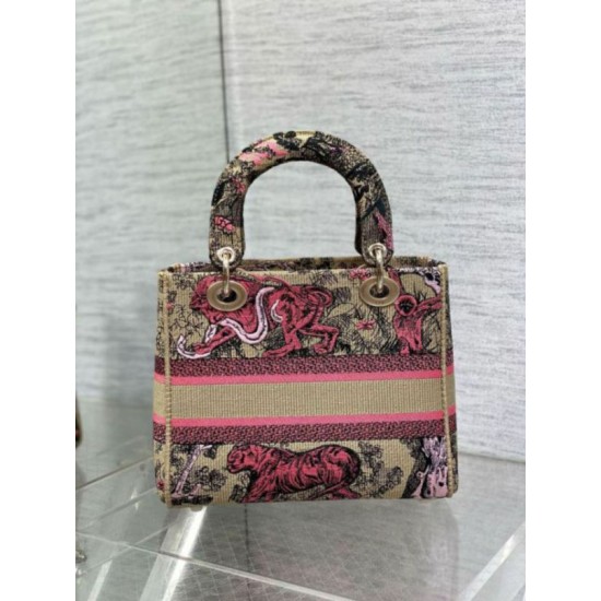 Replica perfetta Dior Dioriviera Lady D-Lite Medium Bag Raffia con ricamo Toile de Jouy Sauvage rosa Imitazione Outlet Online