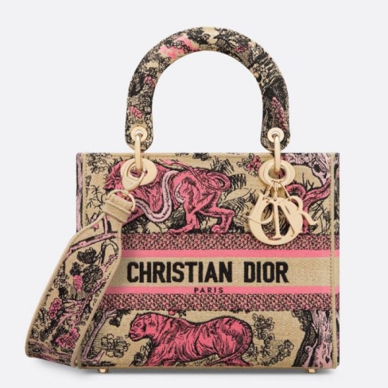 Replica perfetta Dior Dioriviera Lady D-Lite Medium Bag Raffia con ricamo Toile de Jouy Sauvage rosa Imitazione Outlet Online
