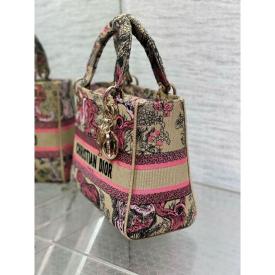 Replica perfetta Dior Dioriviera Lady D-Lite Medium Bag Raffia con ricamo Toile de Jouy Sauvage rosa Imitazione Outlet Online