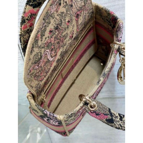 Replica perfetta Dior Dioriviera Lady D-Lite Medium Bag Raffia con ricamo Toile de Jouy Sauvage rosa Imitazione Outlet Online