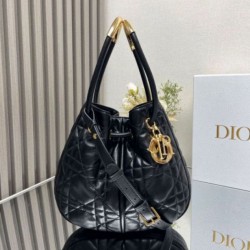 Perfette Qualità Repliche Dior Nolita Media Borsa Nera Macrocannage Pelle di Agnello Imitazione