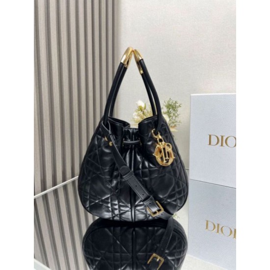 Perfette Qualità Repliche Dior Nolita Media Borsa Nera Macrocannage Pelle di Agnello Imitazione