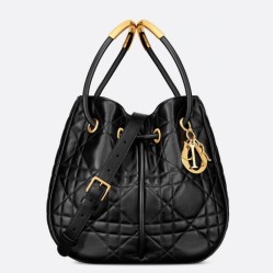 Perfette Qualità Repliche Dior Nolita Media Borsa Nera Macrocannage Pelle di Agnello Imitazione