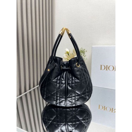 Perfette Qualità Repliche Dior Nolita Media Borsa Nera Macrocannage Pelle di Agnello Imitazione