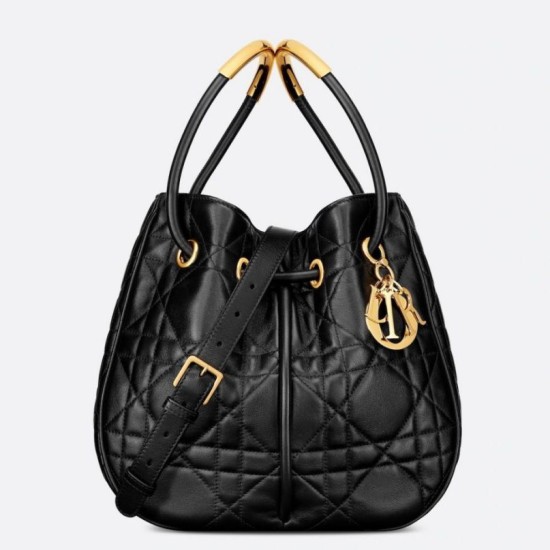 Perfette Qualità Repliche Dior Nolita Media Borsa Nera Macrocannage Pelle di Agnello Imitazione