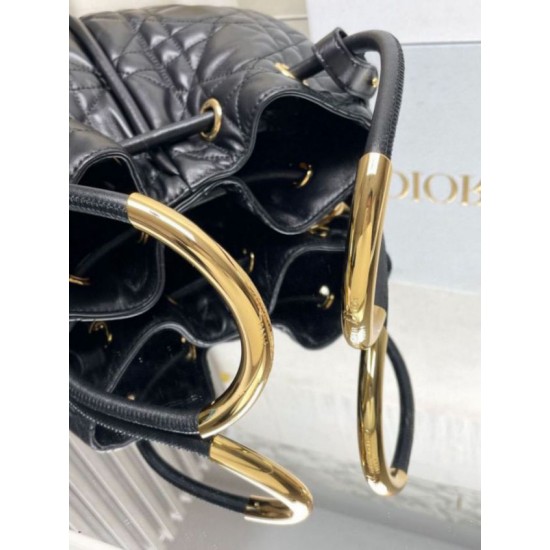 Perfette Qualità Repliche Dior Nolita Media Borsa Nera Macrocannage Pelle di Agnello Imitazione