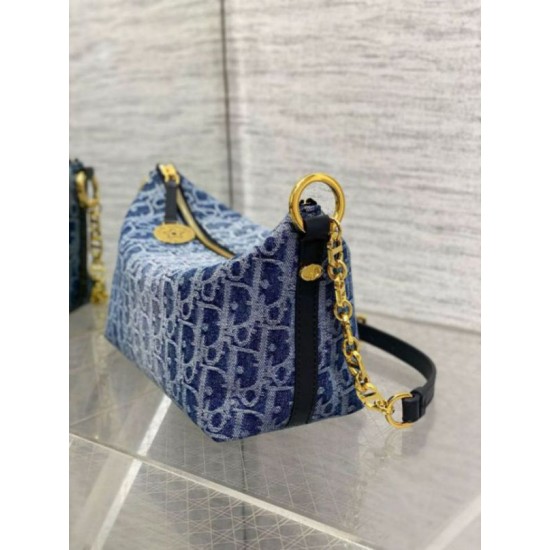 Migliore Repliche Borsa Dior Diorstar Hobo con catena Blue Denim Oblique Jacquard Economiche Outlet Online