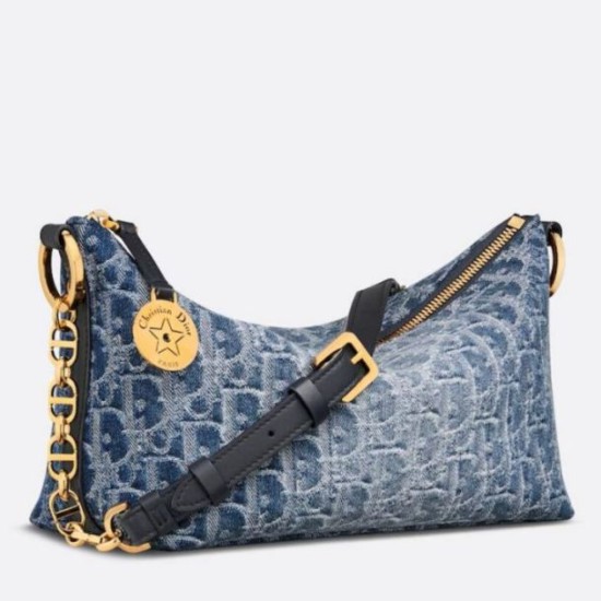 Migliore Repliche Borsa Dior Diorstar Hobo con catena Blue Denim Oblique Jacquard Economiche Outlet Online