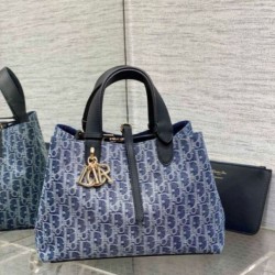 Replica perfetta Borsa Dior Toujours media Blue Denim Oblique Jacquard Imitazione Outlet Online