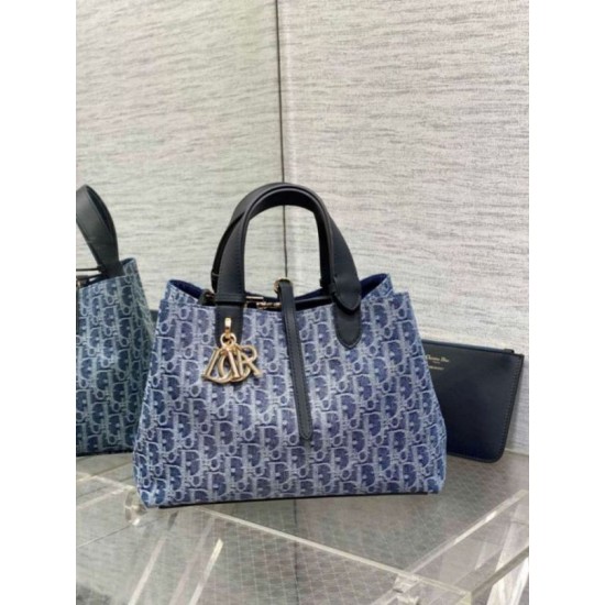 Replica perfetta Borsa Dior Toujours media Blue Denim Oblique Jacquard Imitazione Outlet Online