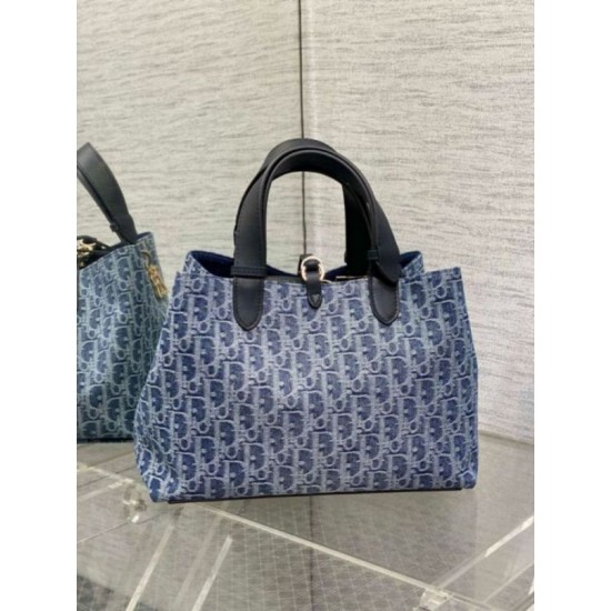 Replica perfetta Borsa Dior Toujours media Blue Denim Oblique Jacquard Imitazione Outlet Online