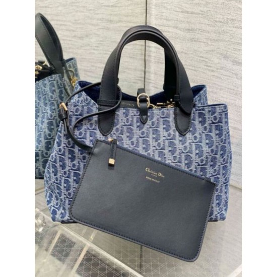 Replica perfetta Borsa Dior Toujours media Blue Denim Oblique Jacquard Imitazione Outlet Online
