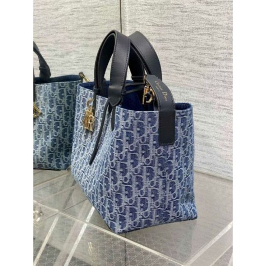 Replica perfetta Borsa Dior Toujours media Blue Denim Oblique Jacquard Imitazione Outlet Online