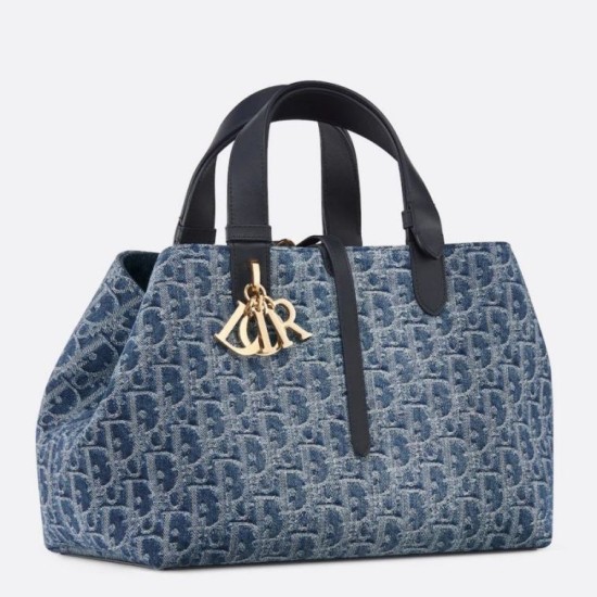 Replica perfetta Borsa Dior Toujours media Blue Denim Oblique Jacquard Imitazione Outlet Online