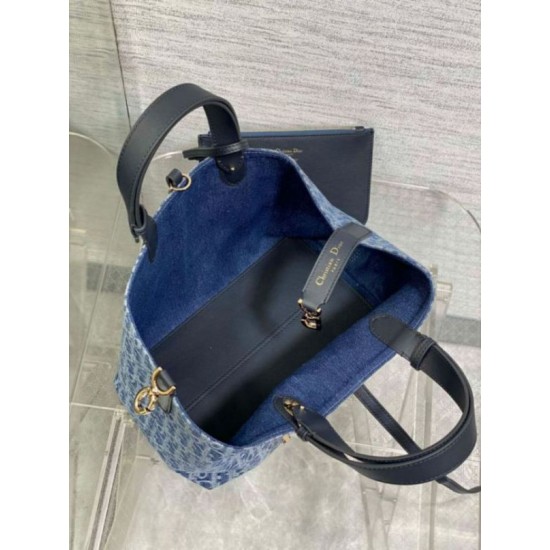 Replica perfetta Borsa Dior Toujours media Blue Denim Oblique Jacquard Imitazione Outlet Online