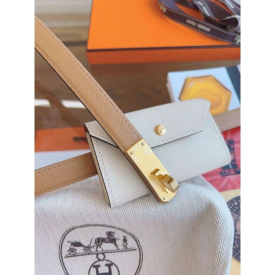 Replica Cintura Hermès Kelly Pocket 18 Biscuit e Pelle di Vitello Epsom Bianca imitazione Falso