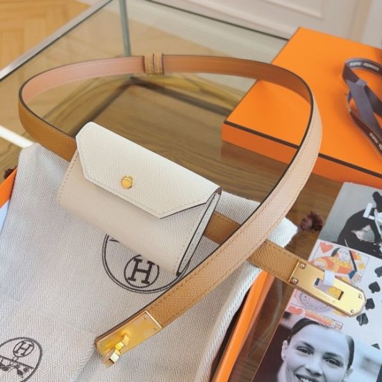Replica Cintura Hermès Kelly Pocket 18 Biscuit e Pelle di Vitello Epsom Bianca imitazione Falso