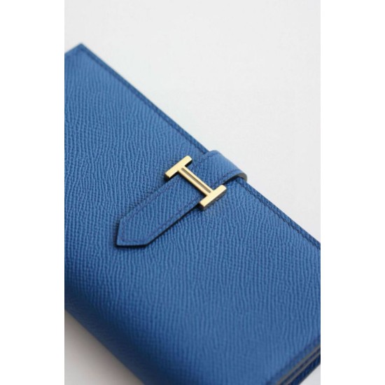 Replica Portafoglio lungo Hermès Bearn fatto a mano in pelle di vitello Epsom blu Francia imitazione Falso