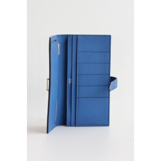 Replica Portafoglio lungo Hermès Bearn fatto a mano in pelle di vitello Epsom blu Francia imitazione Falso