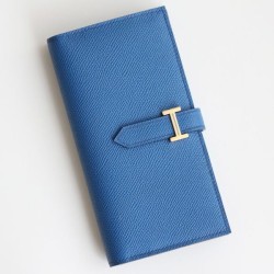 Replica Portafoglio lungo Hermès Bearn fatto a mano in pelle di vitello Epsom blu Francia imitazione Falso