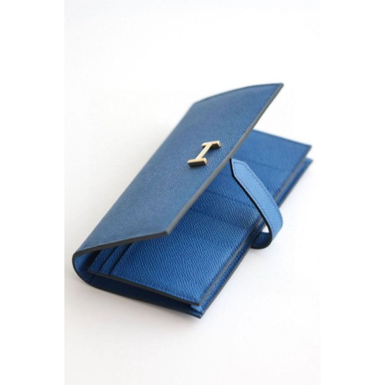 Replica Portafoglio lungo Hermès Bearn fatto a mano in pelle di vitello Epsom blu Francia imitazione Falso