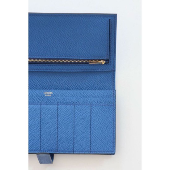 Replica Portafoglio lungo Hermès Bearn fatto a mano in pelle di vitello Epsom blu Francia imitazione Falso