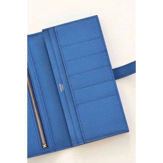 Replica Portafoglio lungo Hermès Bearn fatto a mano in pelle di vitello Epsom blu Francia imitazione Falso