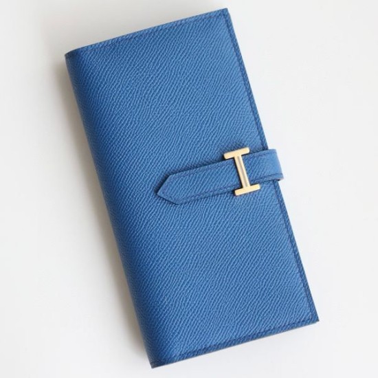 Replica Portafoglio lungo Hermès Bearn fatto a mano in pelle di vitello Epsom blu Francia imitazione Falso