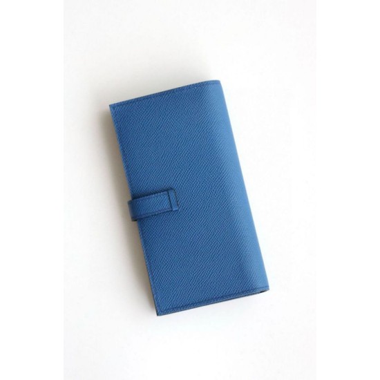 Replica Portafoglio lungo Hermès Bearn fatto a mano in pelle di vitello Epsom blu Francia imitazione Falso