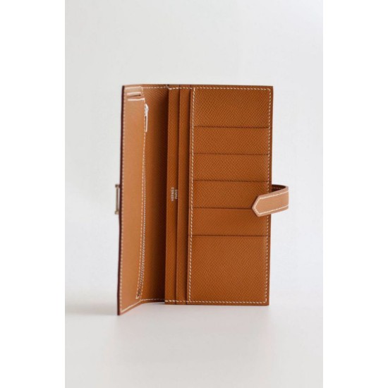 Replica Portafoglio lungo Hermès Bearn fatto a mano in pelle di vitello Epsom oro imitazione Falso