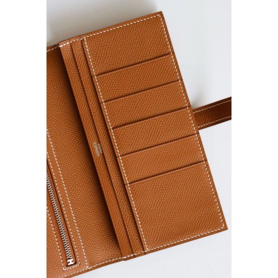 Replica Portafoglio lungo Hermès Bearn fatto a mano in pelle di vitello Epsom oro imitazione Falso