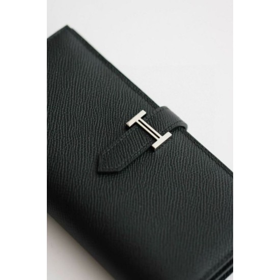 Replica Portafoglio lungo Hermès Bearn fatto a mano in pelle di vitello Epsom nera imitazione Falso