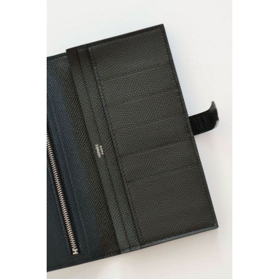 Replica Portafoglio lungo Hermès Bearn fatto a mano in pelle di vitello Epsom nera imitazione Falso