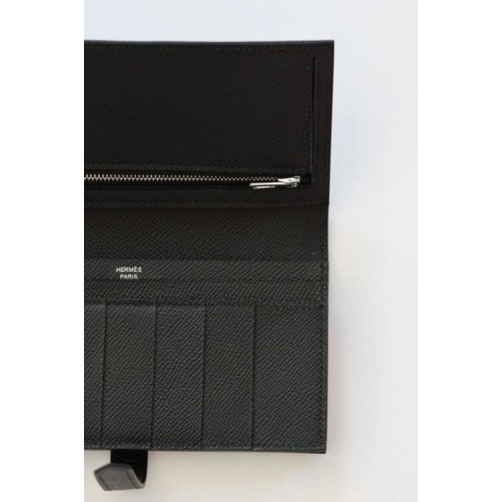Replica Portafoglio lungo Hermès Bearn fatto a mano in pelle di vitello Epsom nera imitazione Falso