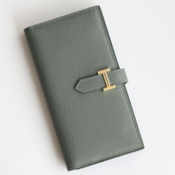 Replica Portafoglio lungo Hermès Bearn fatto a mano in pelle di vitello Epsom verde mandorla imitazione Falso