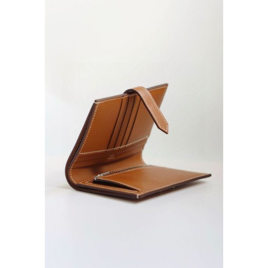 Replica Portafoglio compatto Hermès Bearn fatto a mano in pelle di vitello Epsom oro imitazione Falso