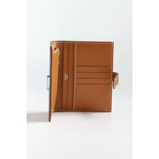 Replica Portafoglio compatto Hermès Bearn fatto a mano in pelle di vitello Epsom oro imitazione Falso
