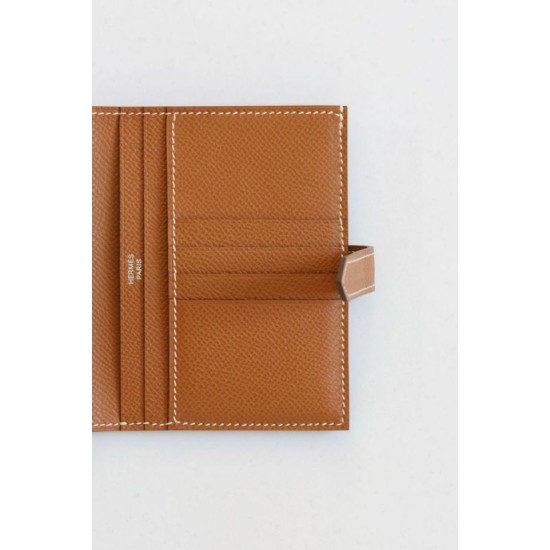 Replica Portafoglio compatto Hermès Bearn fatto a mano in pelle di vitello Epsom oro imitazione Falso