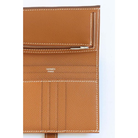 Replica Portafoglio compatto Hermès Bearn fatto a mano in pelle di vitello Epsom oro imitazione Falso