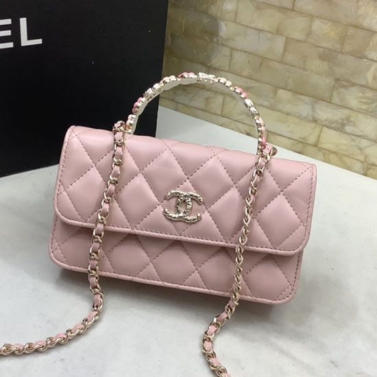 Migliore Repliche Porta cellulare con patta e catena rosa AP3575 Economiche Outlet Online