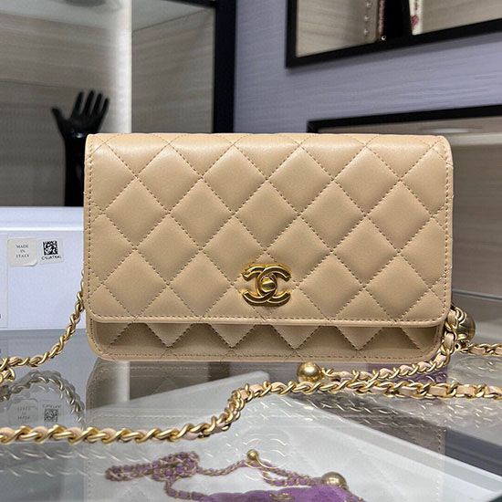 Miglior Falso Portafoglio con catena WOC in pelle di agnello AP1450 Beige Economiche Premium