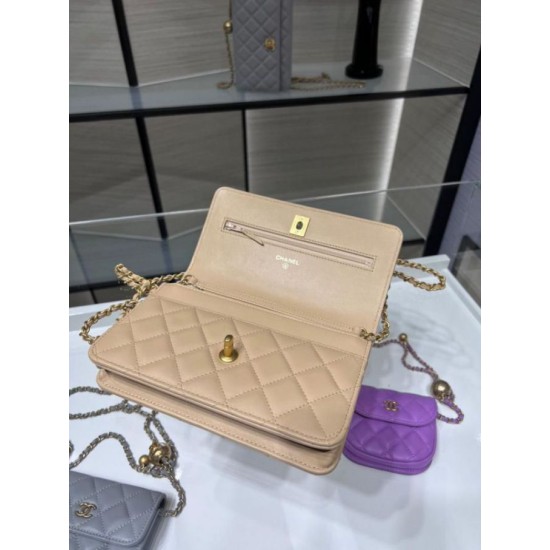 Miglior Falso Portafoglio con catena WOC in pelle di agnello AP1450 Beige Economiche Premium