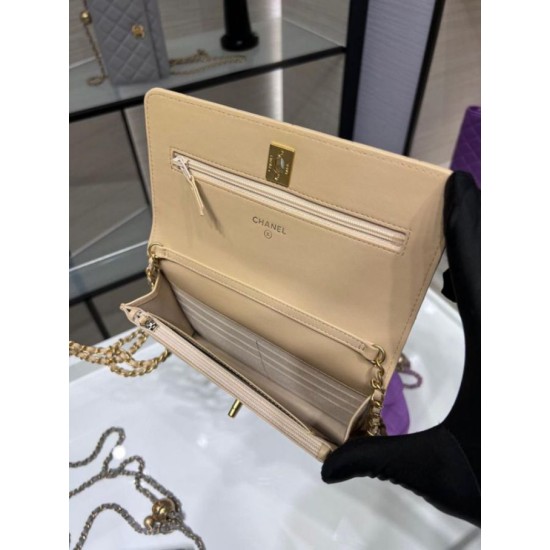 Miglior Falso Portafoglio con catena WOC in pelle di agnello AP1450 Beige Economiche Premium