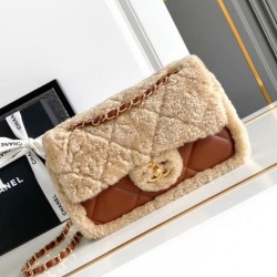 Replica perfetta Borsa con patta in pelle di agnello shearling AS5149 Beige Imitazione Outlet Online