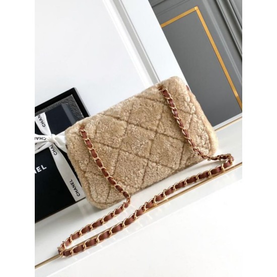 Replica perfetta Borsa con patta in pelle di agnello shearling AS5149 Beige Imitazione Outlet Online