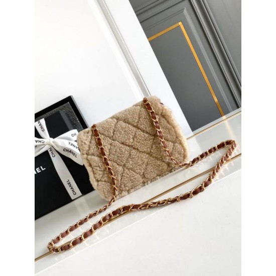 Replica perfetta Borsa mini con patta in pelle di agnello shearling AS5148 Beige Imitazione Outlet Online