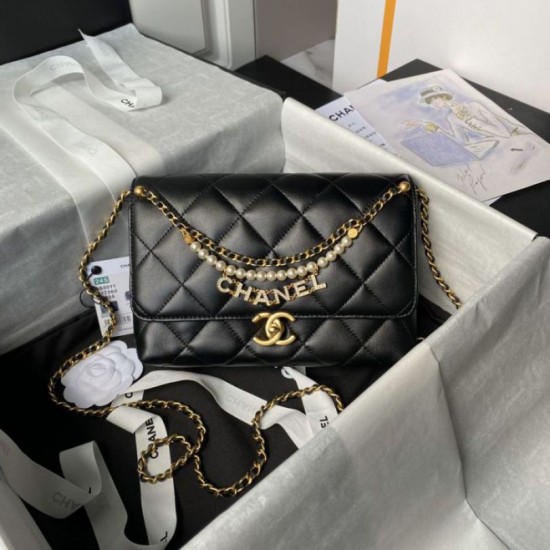 Replica perfetta Borsa 24A con catena di lettere di perle AS5011 Nera Imitazione Outlet Online