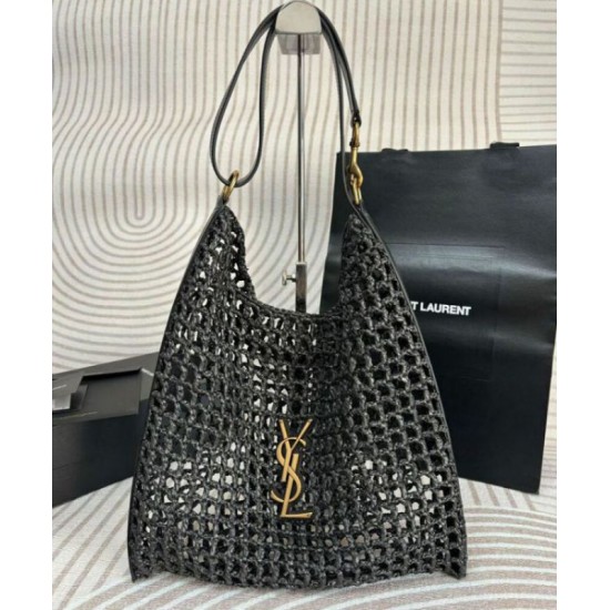 Migliore Repliche Borsa YSL Saint Laurent Oxalis in rafia macramè nera Economiche Outlet Online