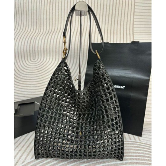 Migliore Repliche Borsa YSL Saint Laurent Oxalis in rafia macramè nera Economiche Outlet Online